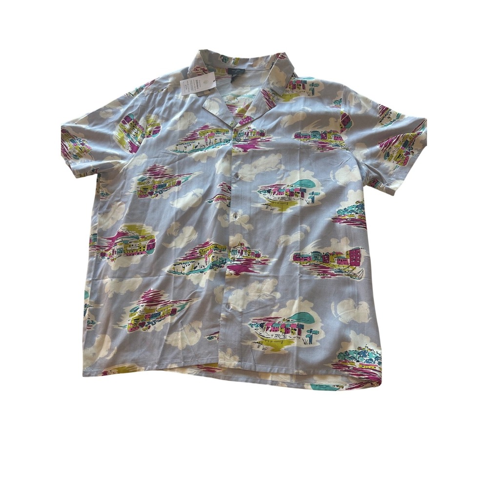 New Look Men XXL Purple Scenic‎ Coastal Print Camp Collar Short Sleeve Shirt NWT